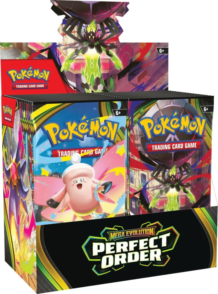 A sealed booster display box for the Pokémon TCG set, Mega Evolution: Perfect Order