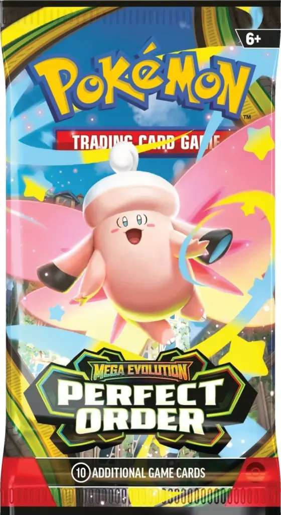The Mega Clefable ex booster pack art for the Pokémon TCG set, Mega Evolution: Perfect Order