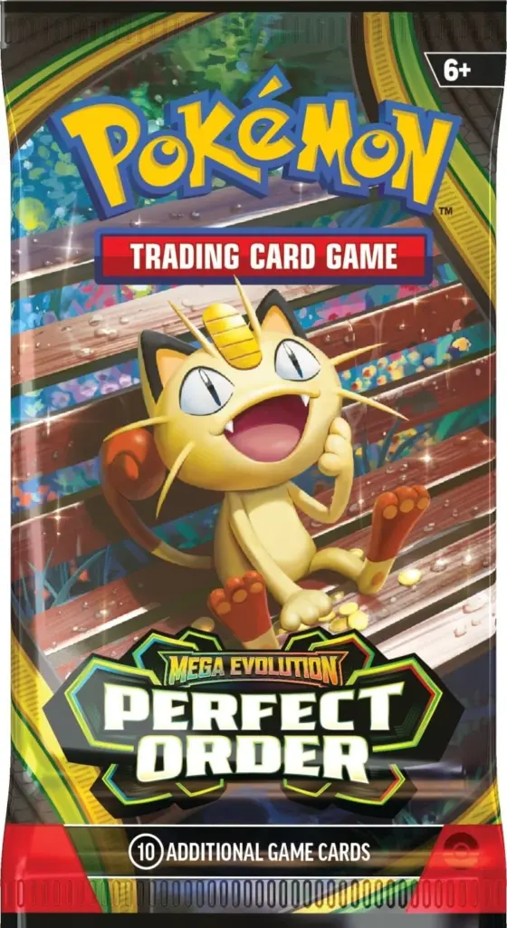 The Meowth ex booster pack art for the Pokémon TCG set, Mega Evolution: Perfect Order