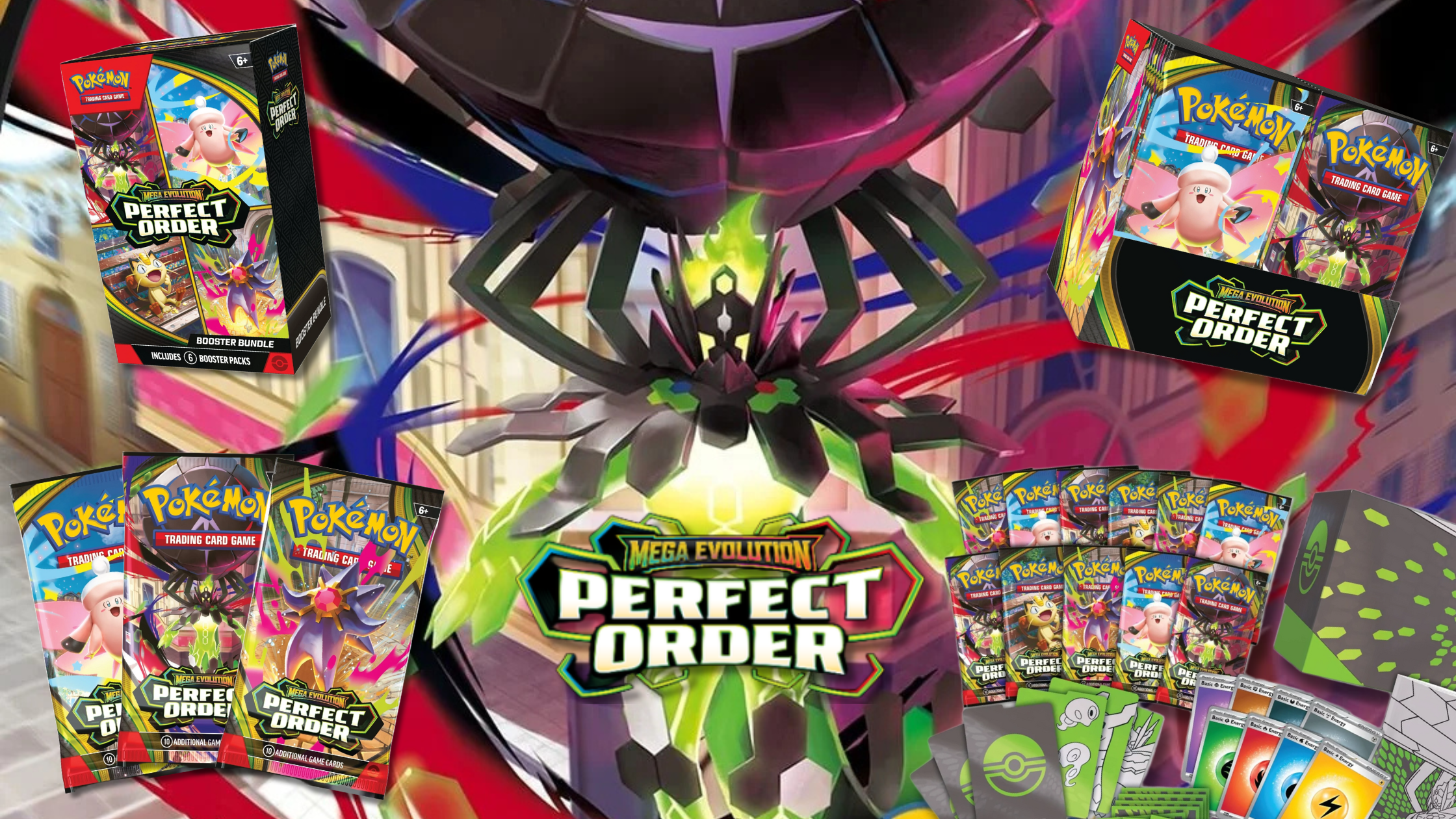 A promotional banner for the Pokémon TCG set Perfect Order, showing a collage of the Booster Bundle and Elite Trainer Box.